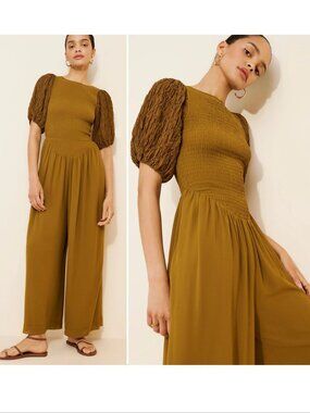 FREE PEOPLE Temperley Puff Sleeve JUMPSUIT Size S Ruched Wide Leg Olive NEW $228